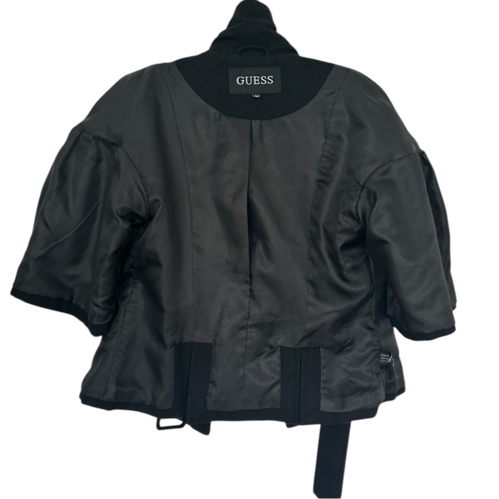 GUESS Women’s Dbl Breasted Pea Coat Black Wool Blend Cropped Belt 3/4 Sleeve S/P - Picture 8 of 14